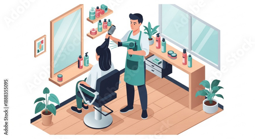 Hairdresser styling woman's hair in modern salon with plants and beauty products on display around the room