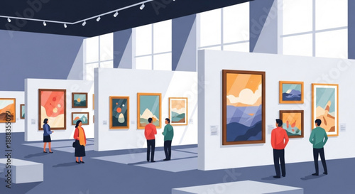 People viewing artwork in a modern art gallery with white walls and large windows