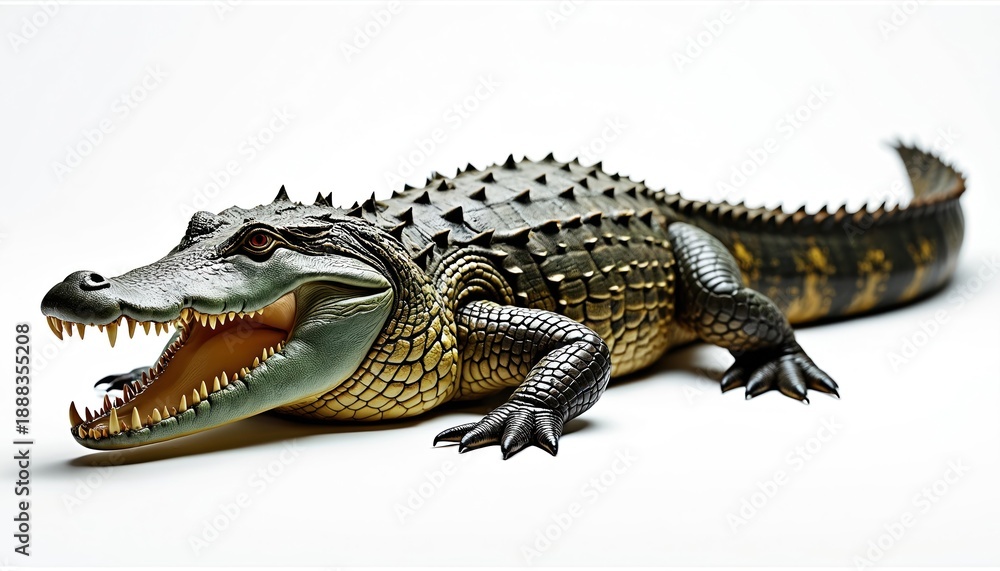 Obraz premium Large reptile opens jaws showing sharp teeth and rough scaly skin. Crocodile body has armored plates and textured tail. Powerful dangerous predator rests on white surface.