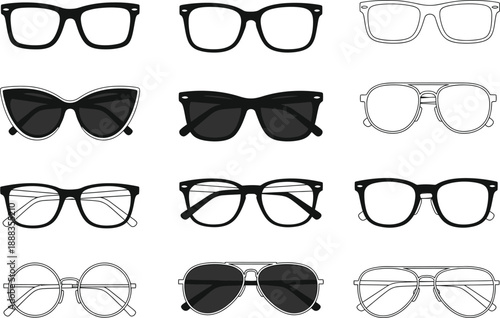Collection of twelve diverse eyeglasses and sunglasses styles depicted in a clean on a white background