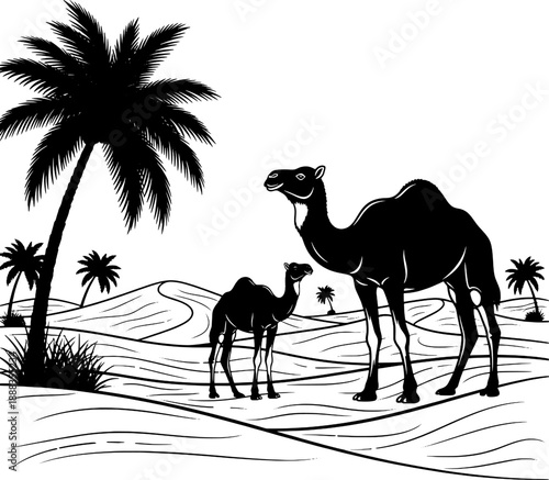 Camel Family Silhouette in Desert Landscape with Palm Trees and Sand Dunes