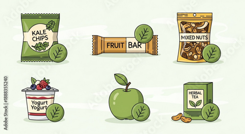 Assorted healthy snack icons including kale chips fruit bar mixed nuts yogurt apple and herbal tea on light green background with soft