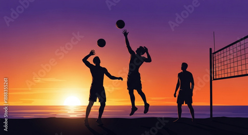 Three men playing volleyball on beach at vibrant orange and purple sunset with water in background