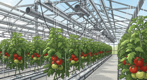 Rows of lush green tomato plants with ripe red and green fruit hanging in a modern greenhouse with metal frames and glass roof