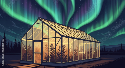 Glass greenhouse with plants under the northern lights in a serene forest landscape at night with stars