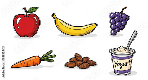 Assorted healthy food icons including fruits vegetables nuts and yogurt in a clean and simple illustration style