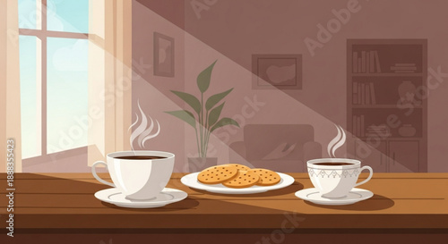 Cozy morning scene with two steaming coffee cups and cookies on wooden table by window with soft natural light