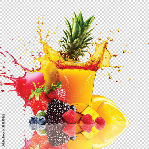 A vibrant and colorful composition of fresh fruits and juice splashes on a transparent background