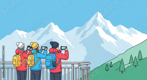 Three hikers with backpacks taking photos of majestic snow capped mountains from a viewing platform on a clear day