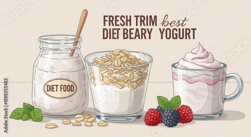 Healthy diet yogurt with granola and fresh berries in glass jars on a clean background perfect for a nutritious snack or breakfast