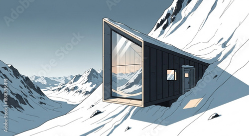 Modern dark wooden mountain cabin with large glass window reflecting snowy peaks in remote wilderness area with clear blue sky