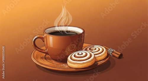 Steaming cup of coffee with cinnamon rolls on a wooden saucer warm lighting cozy atmosphere brown background inviting breakfast scene