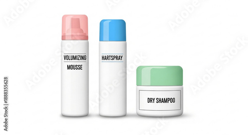 Three white cosmetic containers with colored caps labeled volumizing mousse hairspray and dry shampoo on white background beauty products