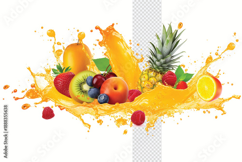 A vibrant and colorful illustration of various fruits splashing in juice