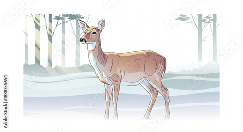 Illustration of a deer standing in a serene forest with a crown on its head gentle lighting soft colors and a peaceful atmosphere