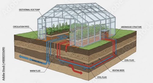 Geothermal greenhouse system diagram showing waterflow and circulation through layers of soil and structure