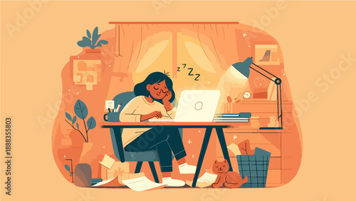 Sleepy Woman Working at Home Desk with Laptop Illustration
