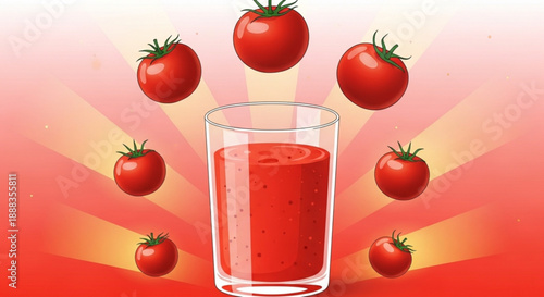 Tomato juice in a clear glass surrounded by floating tomatoes on a red and orange background with rays of light