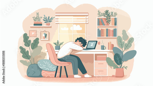 Exhausted Man Sleeping at Home Office Desk Illustration