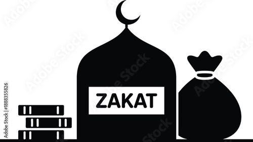 Islamic zakat donation concept with mosque dome money bag and stacked coins charity