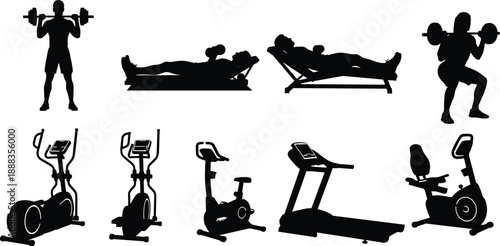 Gym exercise and equipment icons, fitness silhouette set, vector illustration, black design, minimal layout, workout symbols