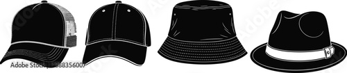 Hat silhouette icons, fashion headwear symbols, vector illustration, black design, minimal layout, cap and brim styles