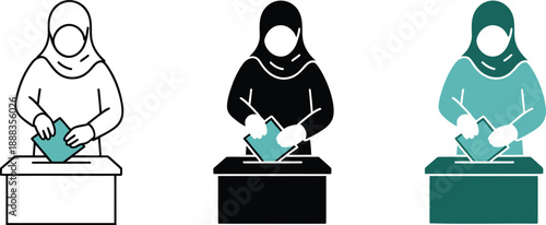 Three simplified of a person wearing a hijab casting a ballot into a ballot box voting election
