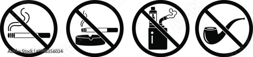 No smoking and vaping icons, tobacco prohibition symbols, vector illustration, black design, minimal layout, public health graphics