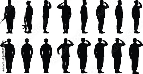 Soldier salute silhouettes, military icons, vector illustration, black design, minimal layout, discipline symbols, rifle posture figures