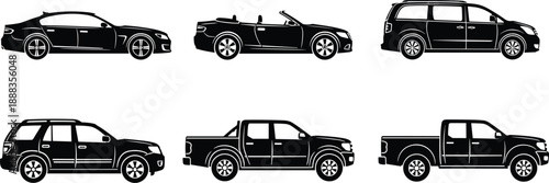 Vehicle silhouette icons, car and truck symbols, vector illustration, black design, minimal layout, automotive body style graphics