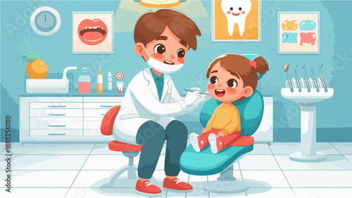 Friendly Pediatric Dentist Examining Child Teeth in Dental Clinic Illustration