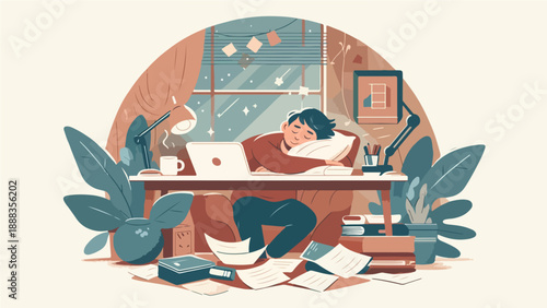 Overworked Student Falling Asleep at Desk – Cozy Night Study Illustration