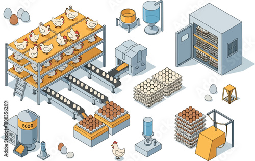 Isometric Chicken Farm Illustration with Eggs and Automation