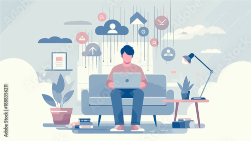 Remote Worker Using Laptop at Home with Cloud Computing and Online Services Illustration