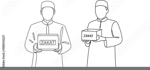 Two men wearing kufi hats and traditional clothing hold boxes labeled Z A K A T