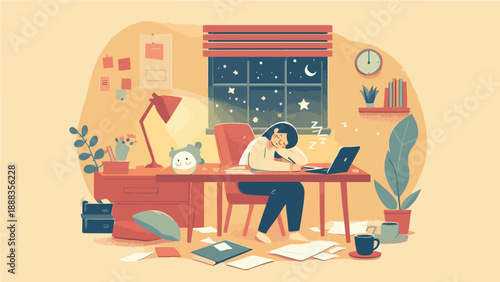 Overworked Person Falling Asleep at Desk While Working Late at Night Illustration