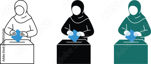 Woman in hijab casting vote into ballot box in three different styles voting