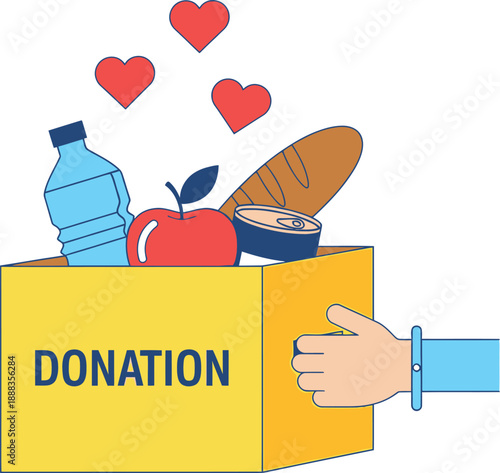 Yellow donation box filled with food and hearts floating above bread