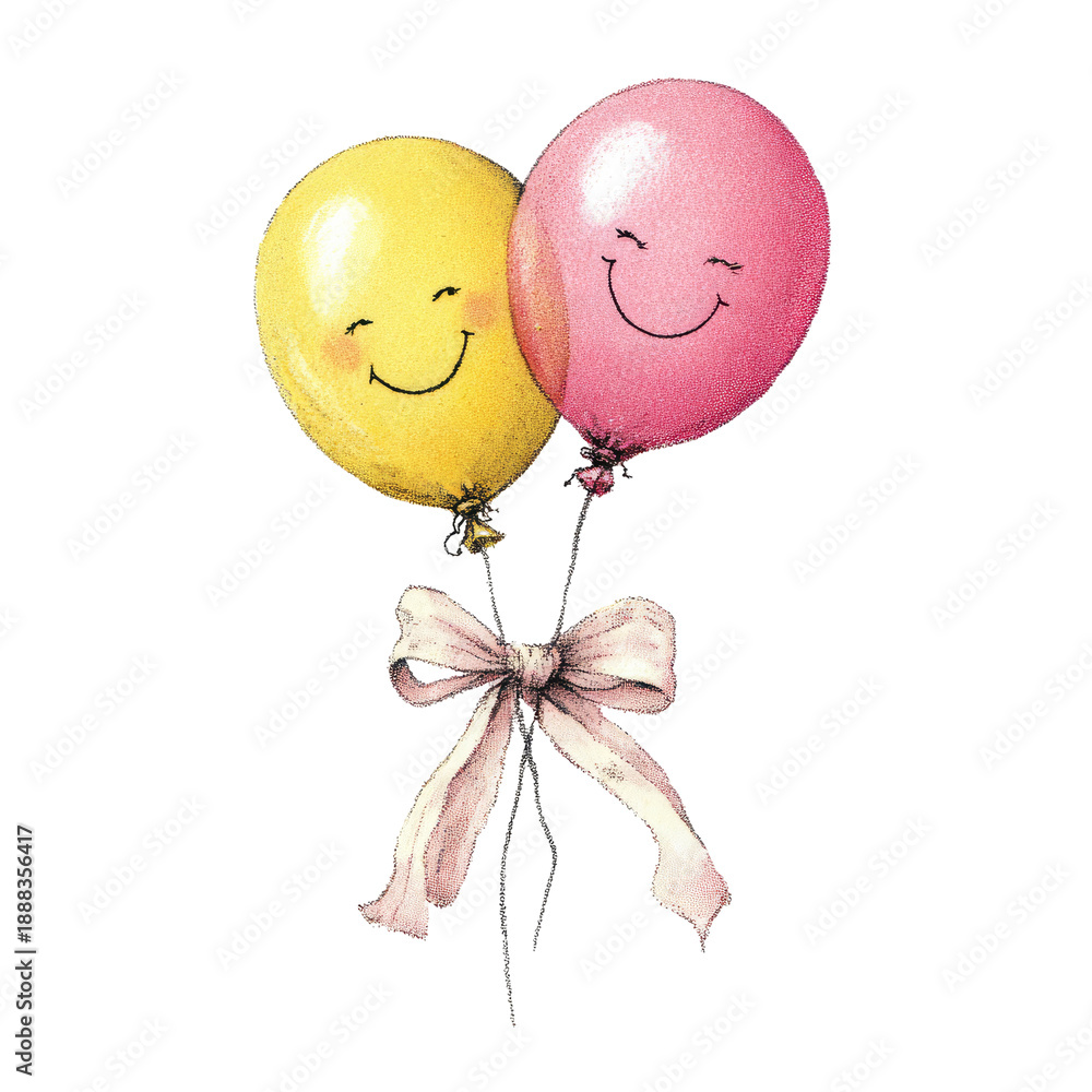 Naklejka premium Two cheerful balloons, one yellow and one pink, with smiling faces and a tied bow