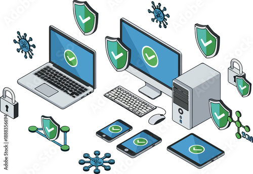 Data Protection and Cybersecurity Illustration with Devices and Shields