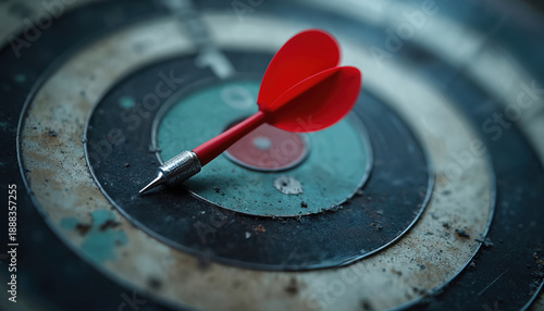 Red dart lies on worn dartboard rings. It missed the center bullseye, showing a failed attempt. Game sport object implies a lack of accuracy or skill.