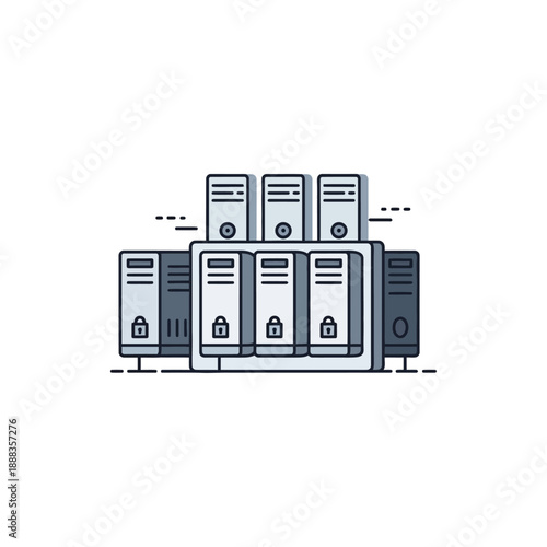 Data center servers with locked doors, illustrating secure storage and network infrastructure