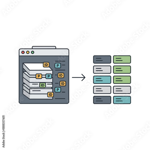 Conceptual illustration of data management extracting and organizing digital information from a web browser, transforming raw content into structured, categorized records