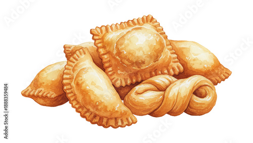 Pile of Crispy Golden Brown Fried Pastries Including Empanadas Ravioli Shaped Dumplings and Twisted Dough Watercolor