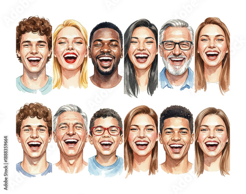 Diverse multiracial men women and children joyful laughing with open mouths in watercolor illustration