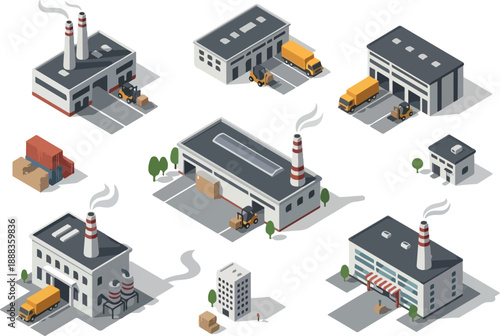 Isometric Industrial Buildings Factories, Warehouses, and Logistics Vector Set