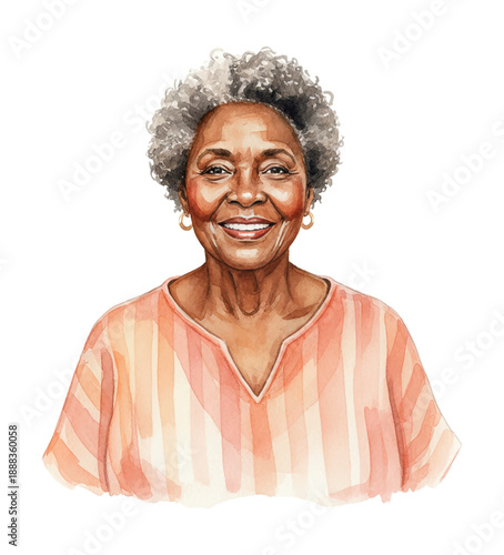 African American senior woman smiling happily with grey curly hair wearing a striped shirt and hoop earrings watercolor