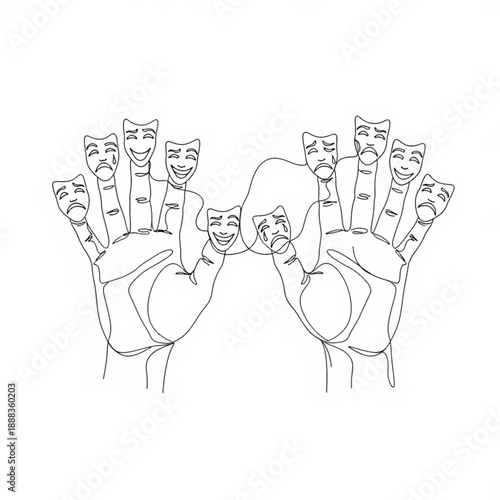 Continuous line art of hands with comedy and tragedy theater masks on fingers. Vector illustration of emotions, drama acting, and psychology. Minimalist face sketch.