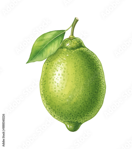 Fresh green lime fruit with a vibrant green leaf on a stem captured in a bright detailed watercolor painting
