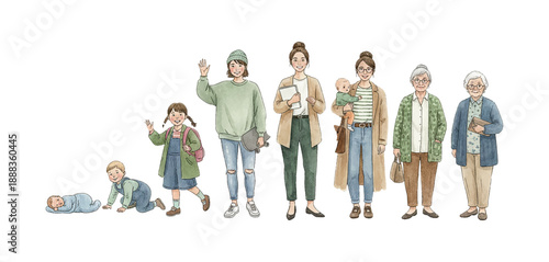 Asian Woman Life Stages from Infant to Elderly Showing Growth and Development with Happy Expressions